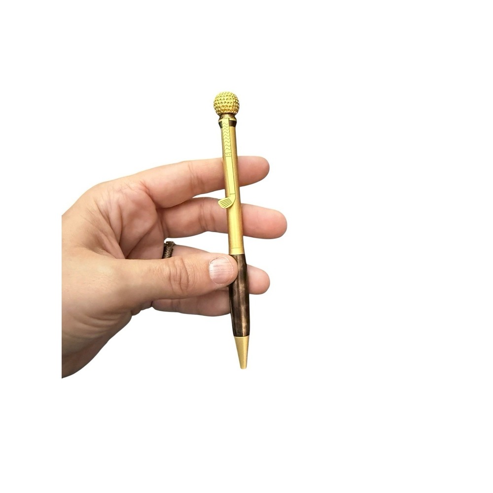 Merangue Golf Ball and Club Novelty Ballpoint Pen‎ Gold Tone Wood Grain Finish